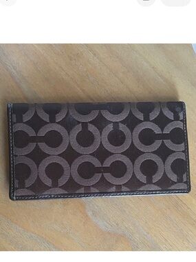 Coach Signature Canvas Checkbook Wallet Brown w/ Purple Leather Interior